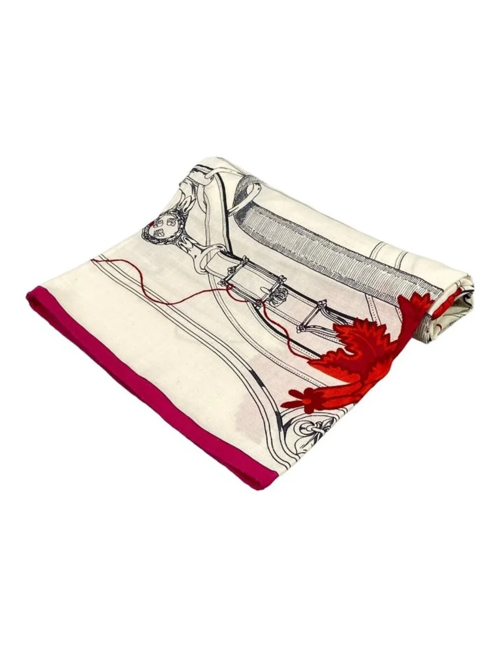 Hermes Shawl Carre 140 Ivory Red Multi Cavalcadour Floral Pattern Cashmere Silk